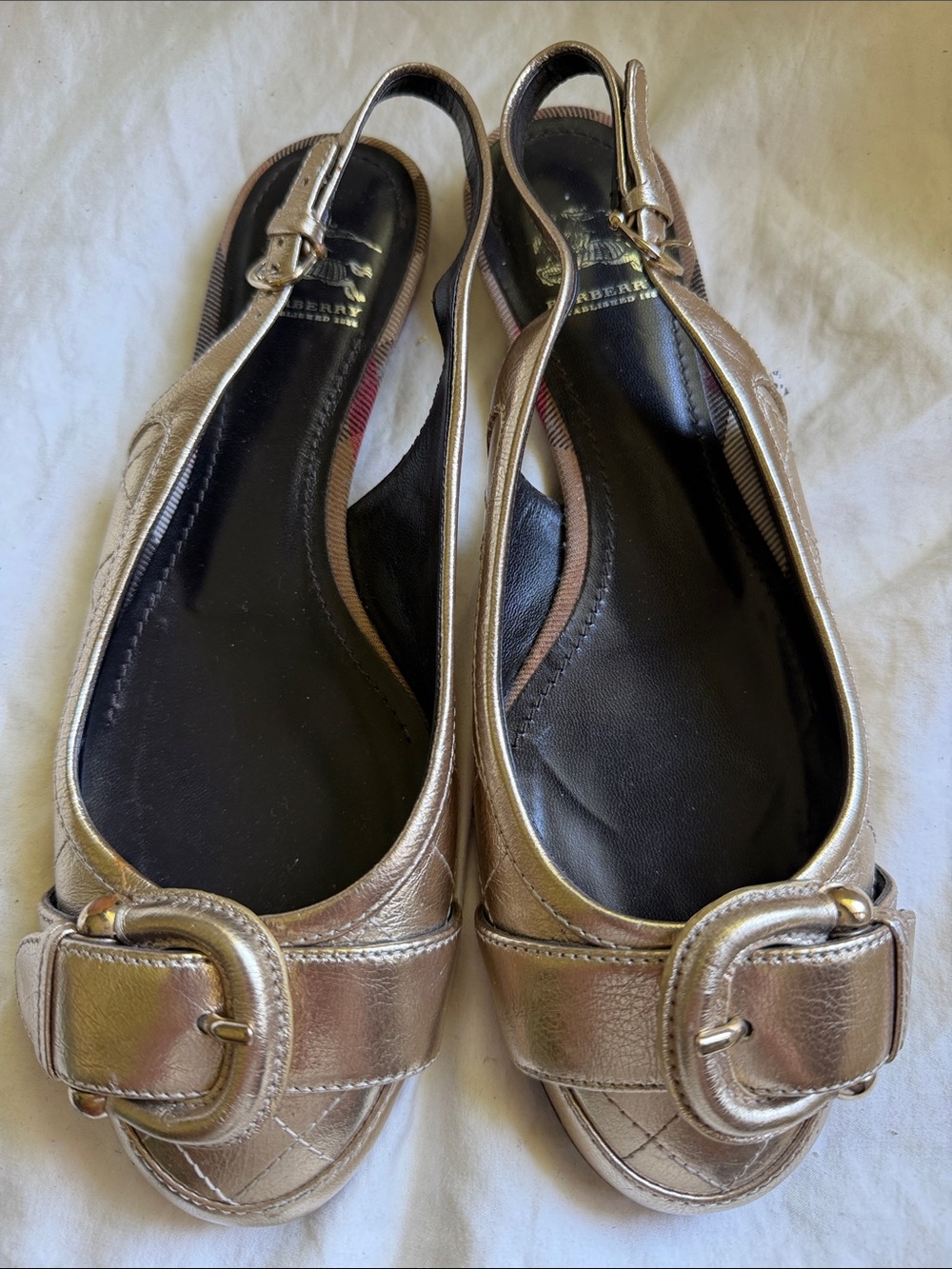 Burberry Metallic Gold Buckle Slingback Mules